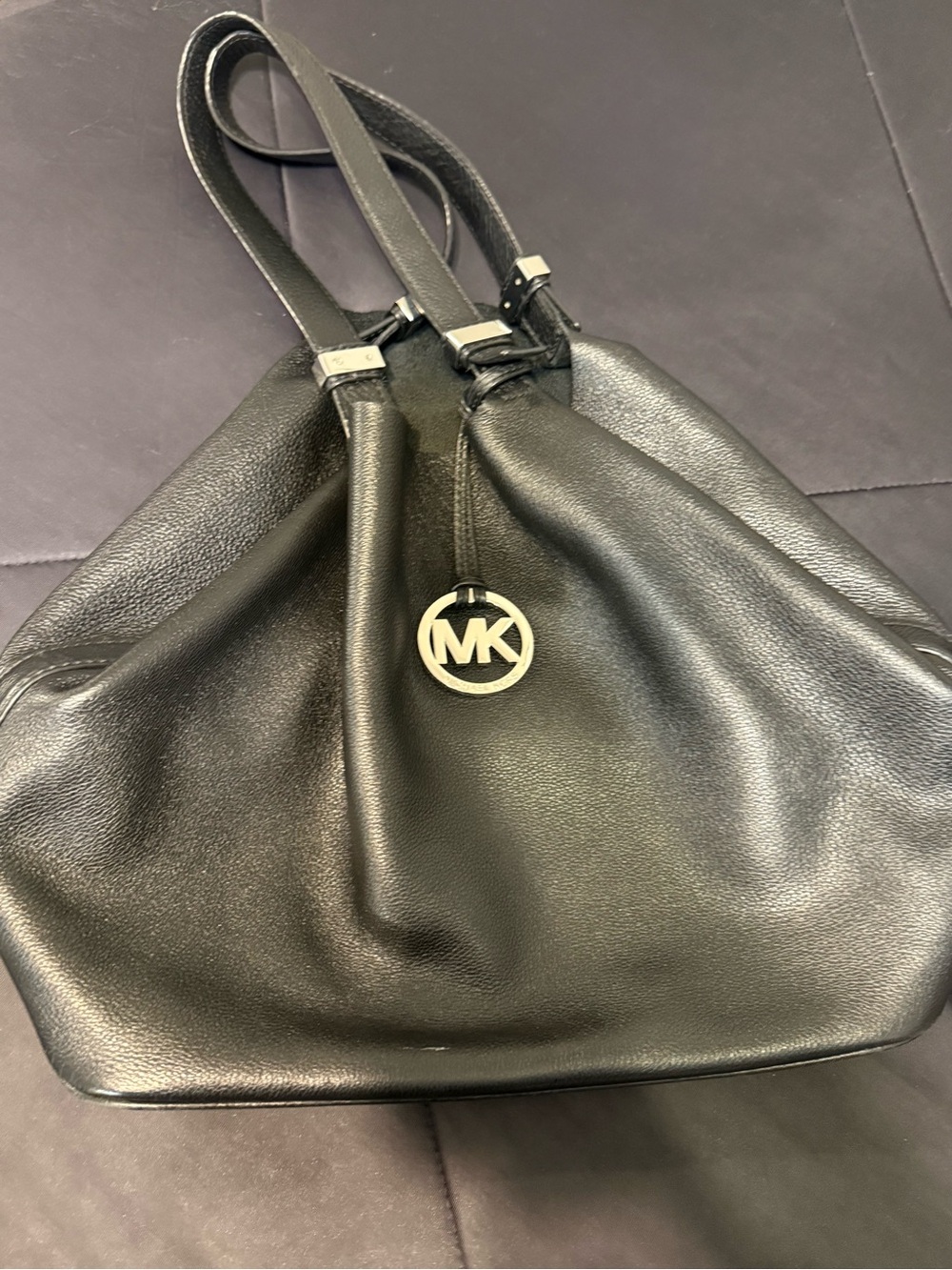 Michael Kors Black Pebbled Leather Shoulder Tote with MK Logo Charm
